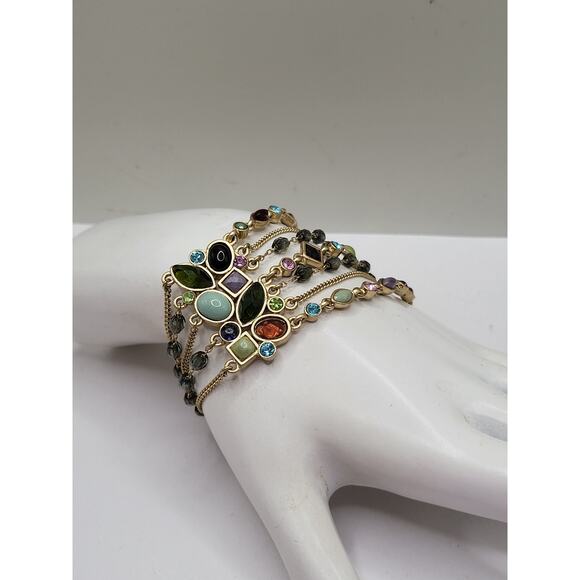 Multicolor Glass Cabochon Multi Strand Toggle Bracelet Gold Tone 7.5 Inch - Picture 1 of 10